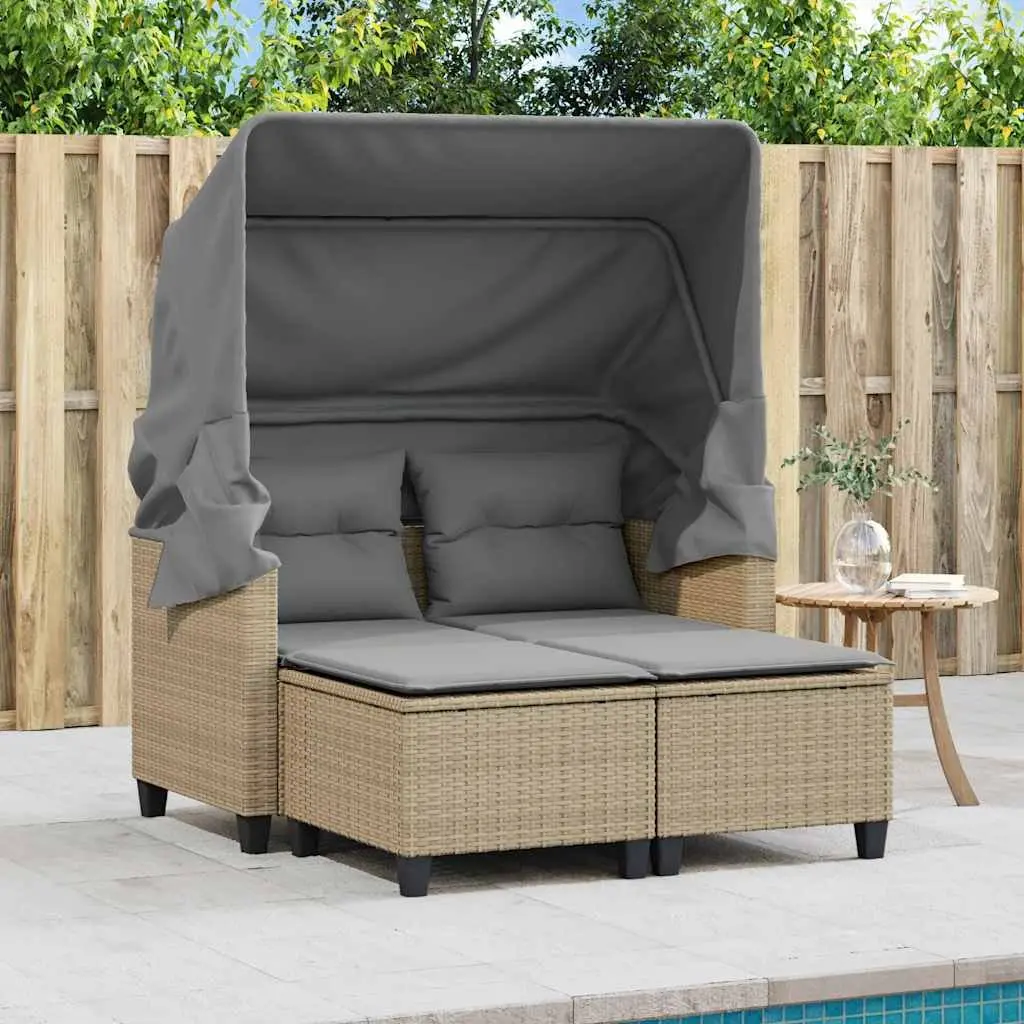 Garden Sofa 2-Seater with Canopy and Stools Beige Poly Rattan Outdoor