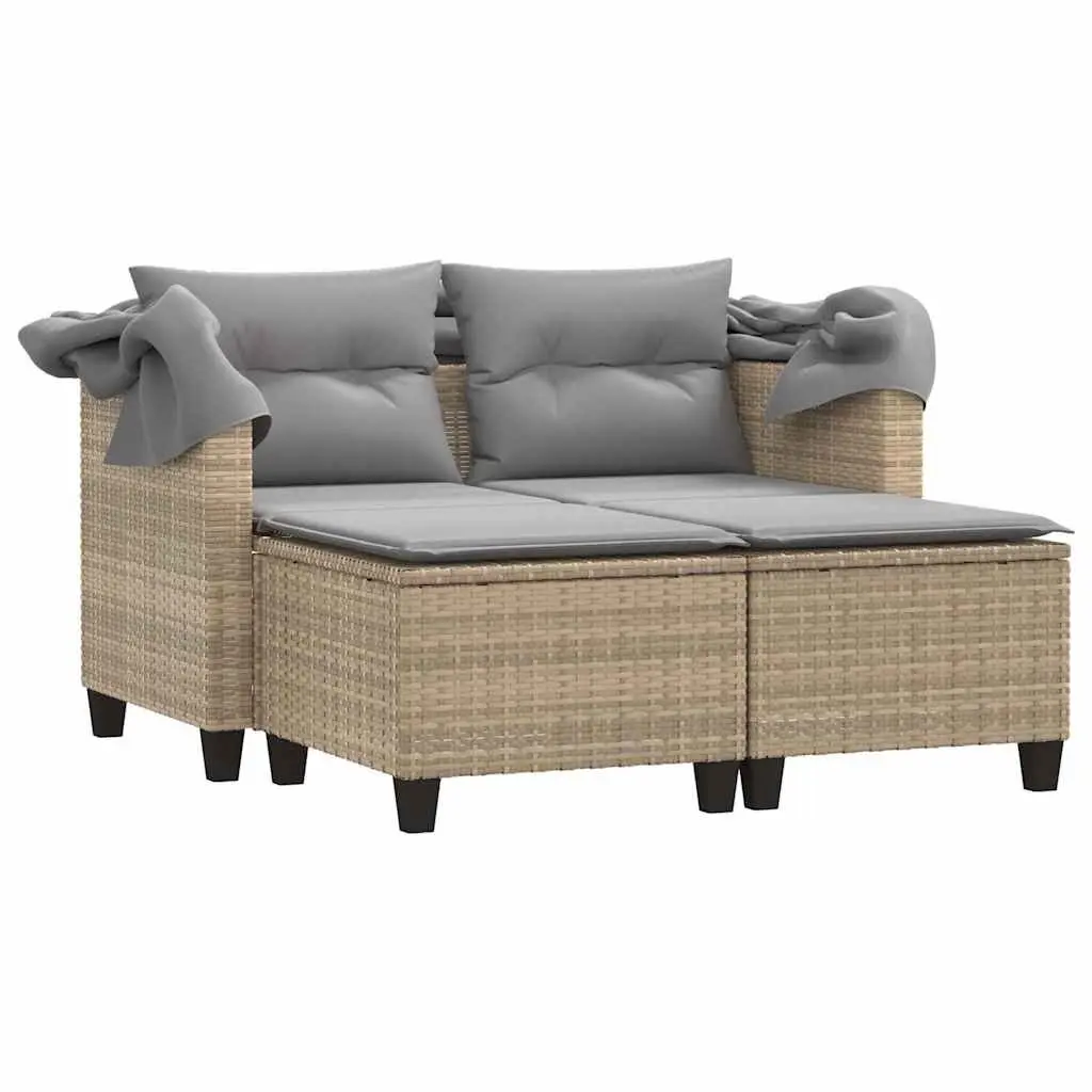 Garden Sofa 2-Seater with Canopy and Stools Beige Poly Rattan Outdoor