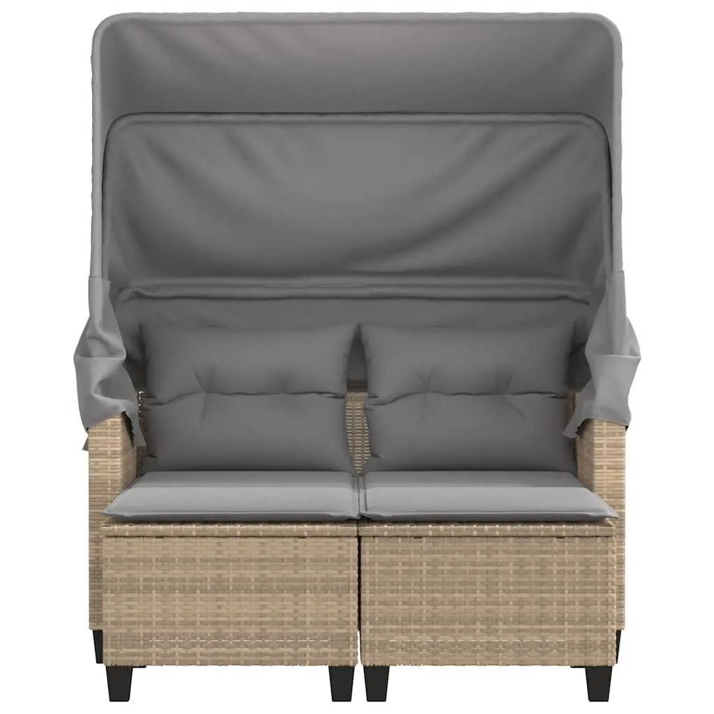 Garden Sofa 2-Seater with Canopy and Stools Beige Poly Rattan Outdoor