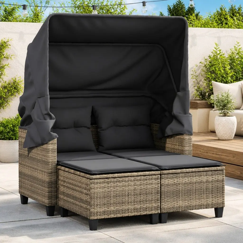 Outdoor Garden 2-Seater Sofa with Canopy and Stools Grey PE Rattan