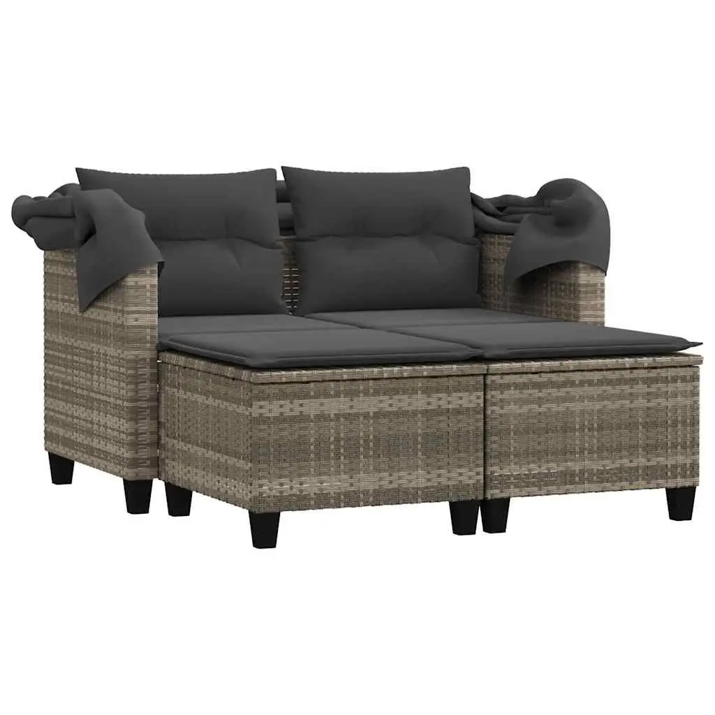 Outdoor Garden 2-Seater Sofa with Canopy and Stools Grey PE Rattan