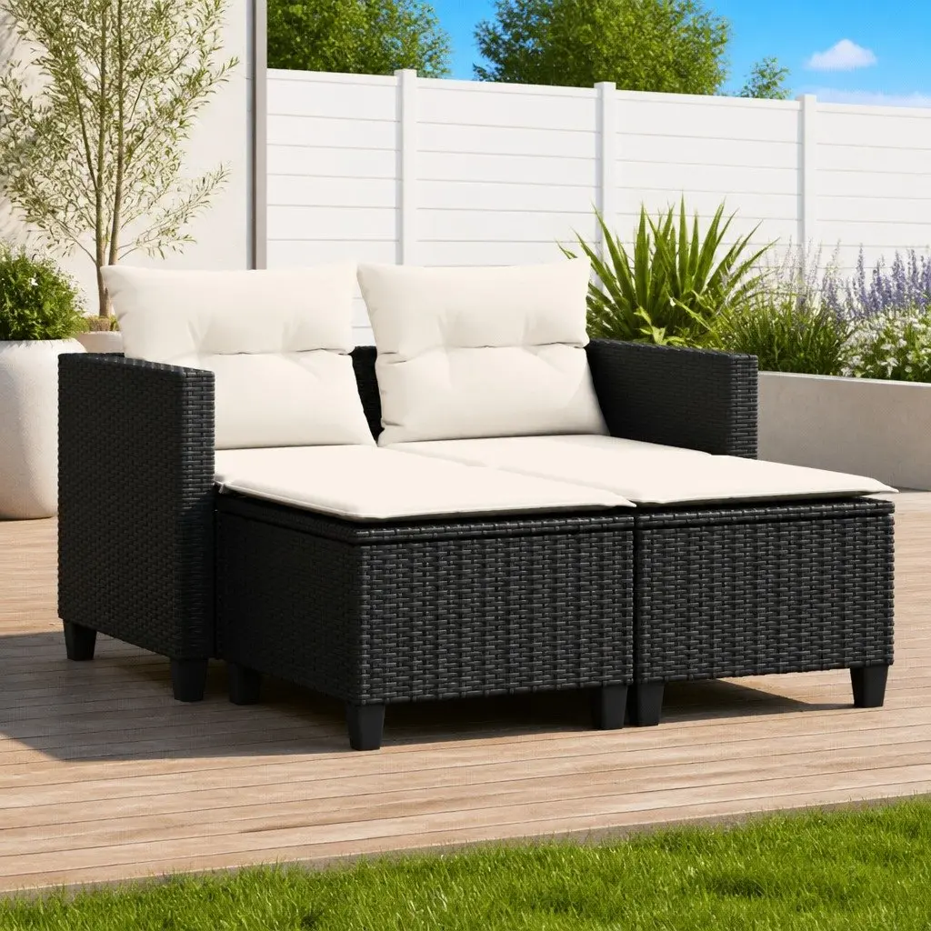 Garden Sofa 2-Seater with Stools Black Poly Rattan Outdoor Patio Lounge Set