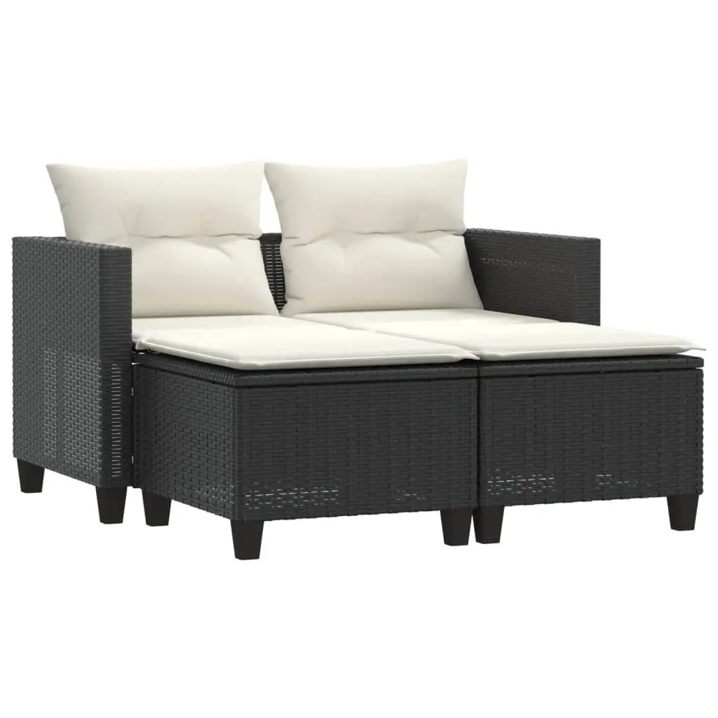 Garden Sofa 2-Seater with Stools Black Poly Rattan Outdoor Patio Lounge Set