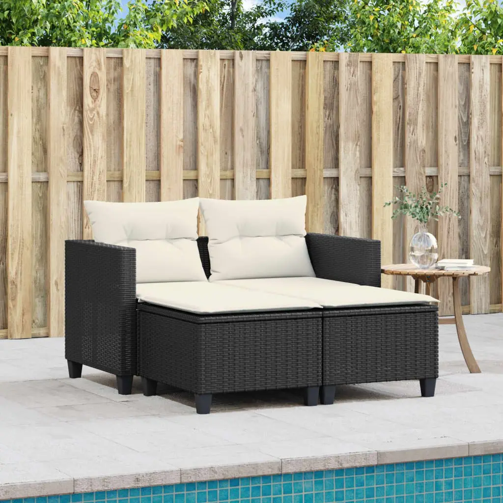Garden Sofa 2-Seater with Stools Black Poly Rattan Outdoor Patio Lounge Set