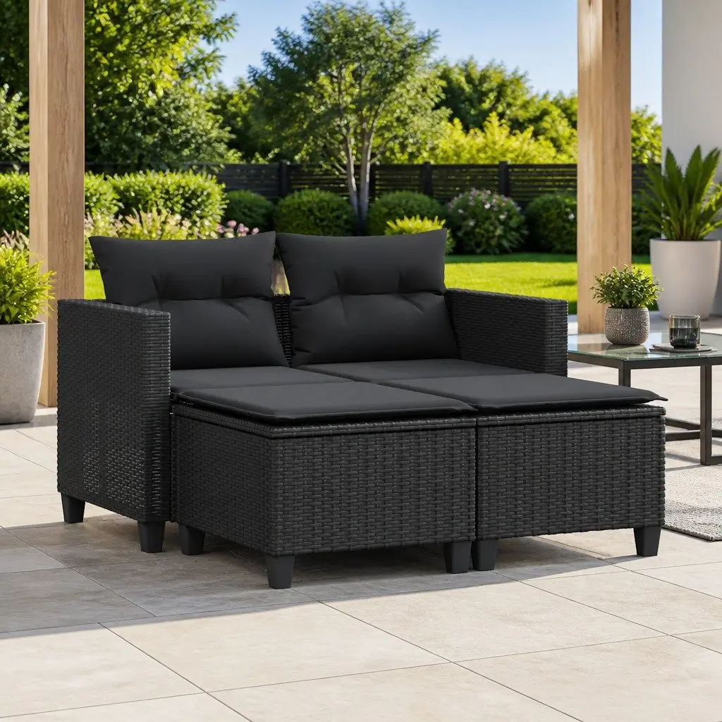 2-Seater Garden Sofa with Stools Black PE Rattan Outdoor Lounge