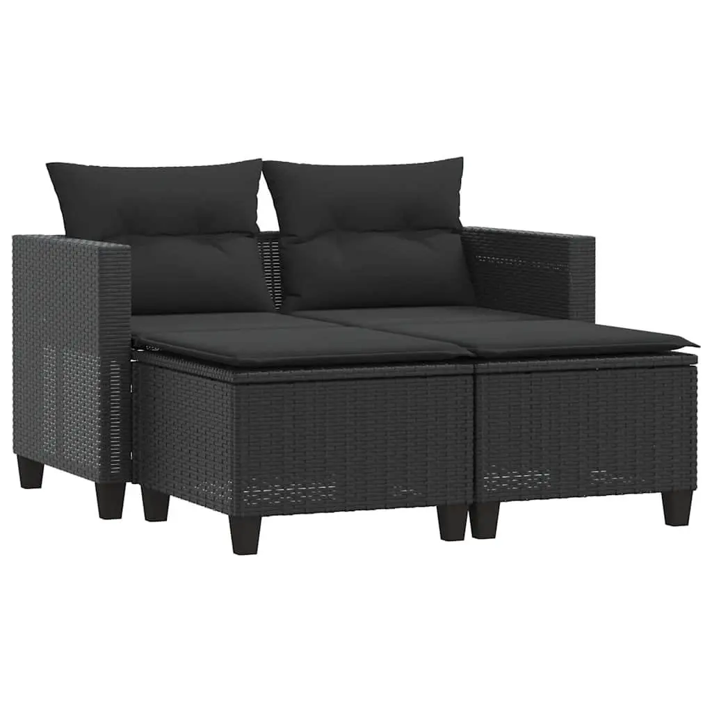 2-Seater Garden Sofa with Stools Black PE Rattan Outdoor Lounge