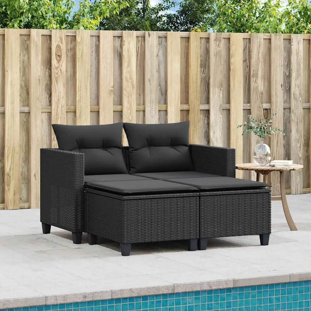 2-Seater Garden Sofa with Stools Black PE Rattan Outdoor Lounge