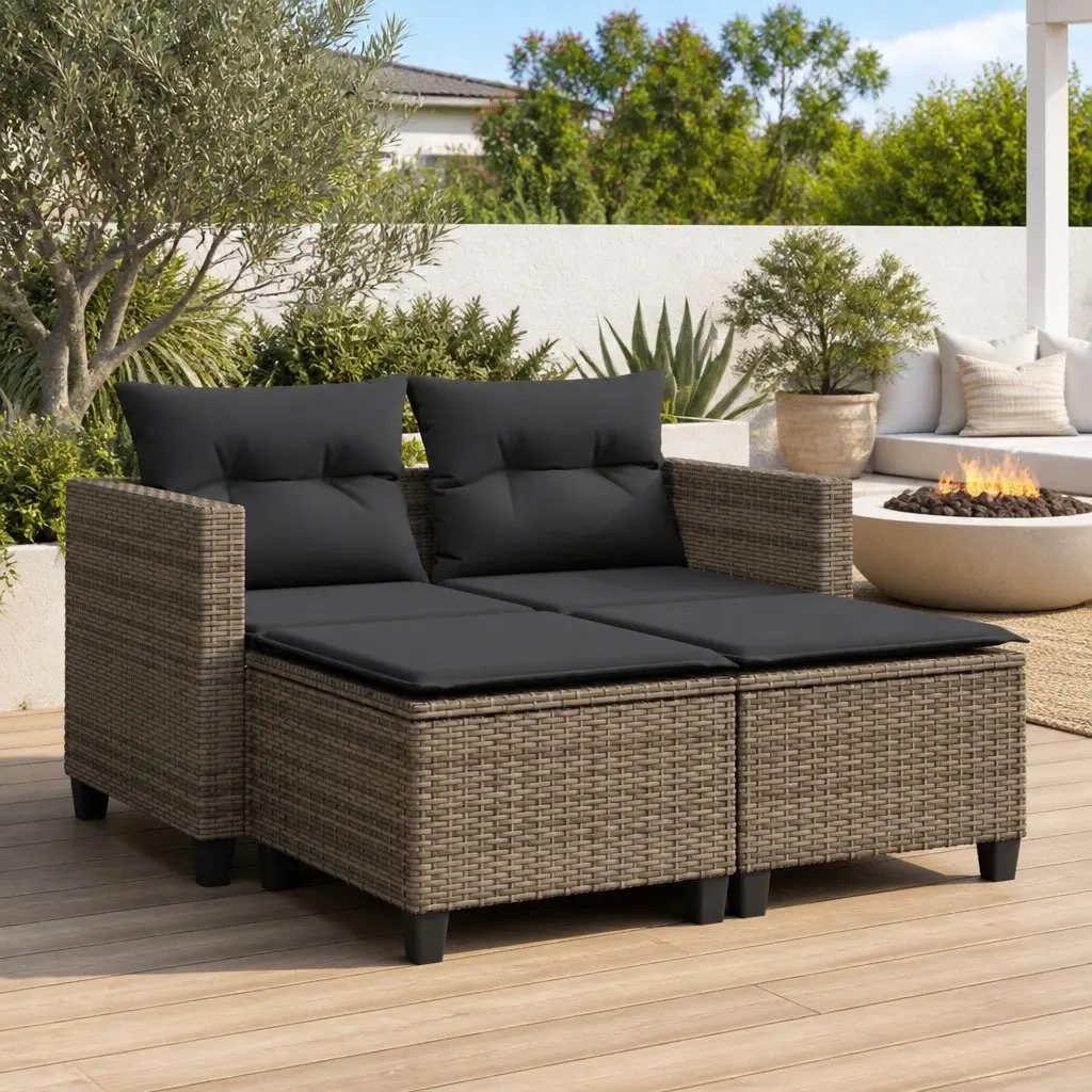Outdoor Garden Sofa 2-Seater Grey Poly Rattan with Footstools