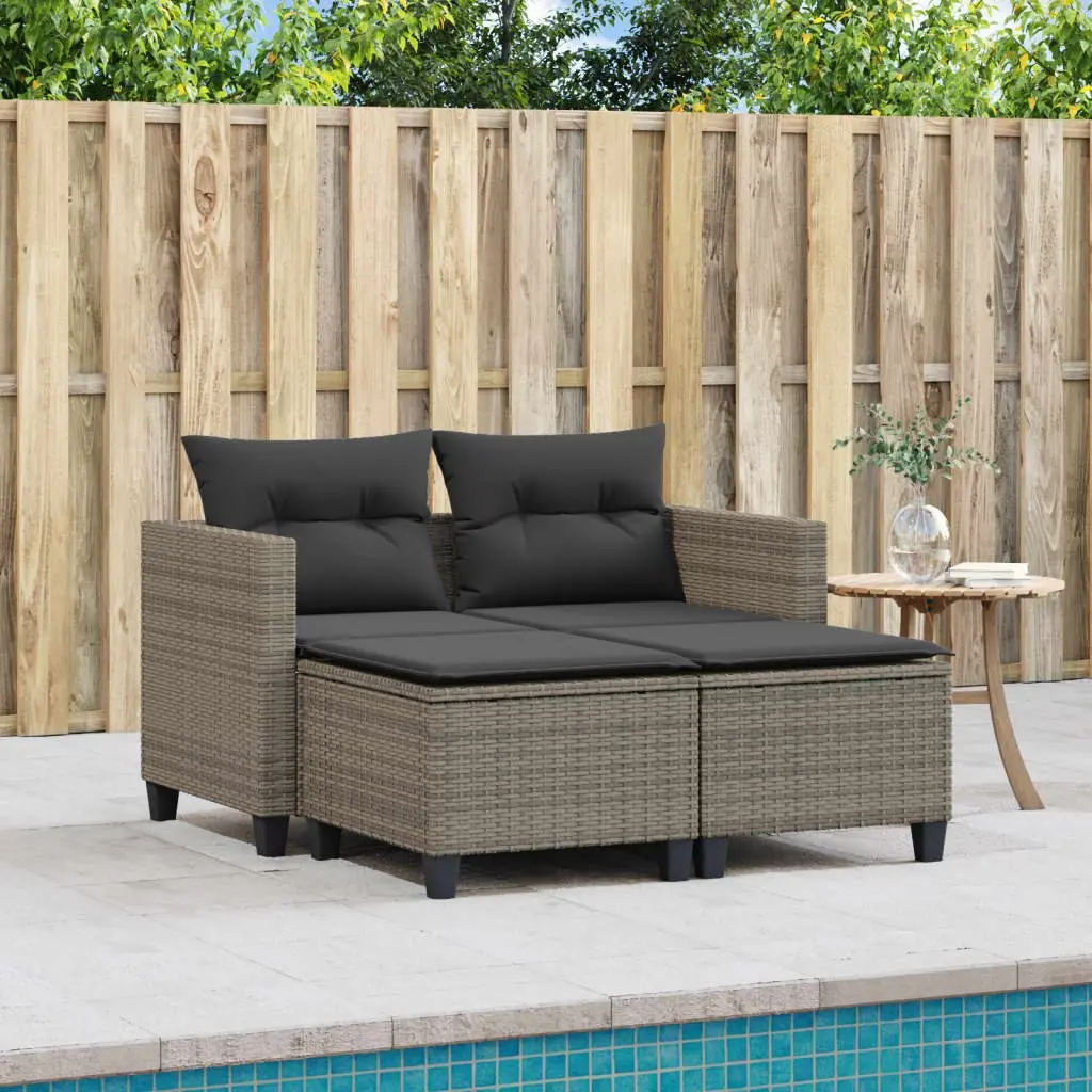 Outdoor Garden Sofa 2-Seater Grey Poly Rattan with Footstools