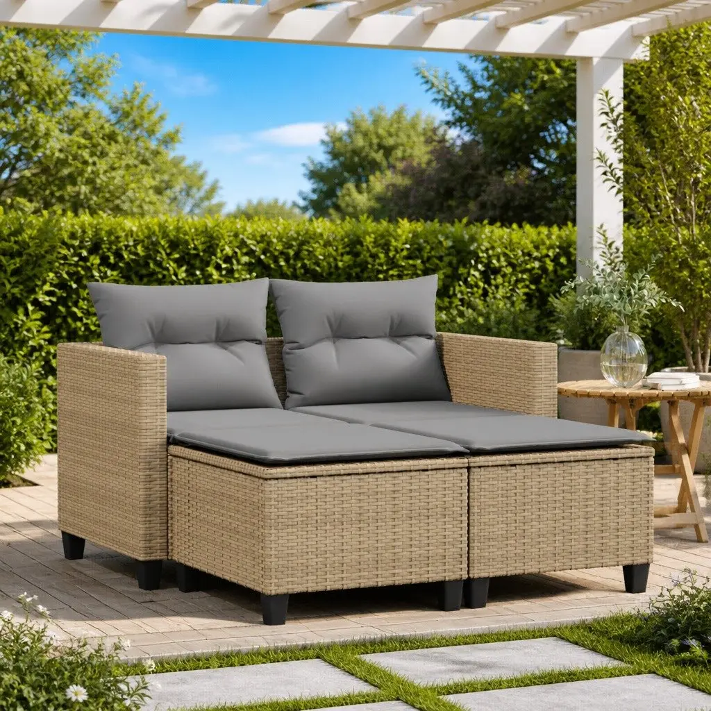 Garden Sofa 2-Seater with Stools Beige Poly Rattan Outdoor