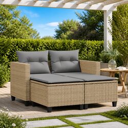 Garden Sofa 2-Seater Outdoor Lounger with Footstools Beige Poly Rattan