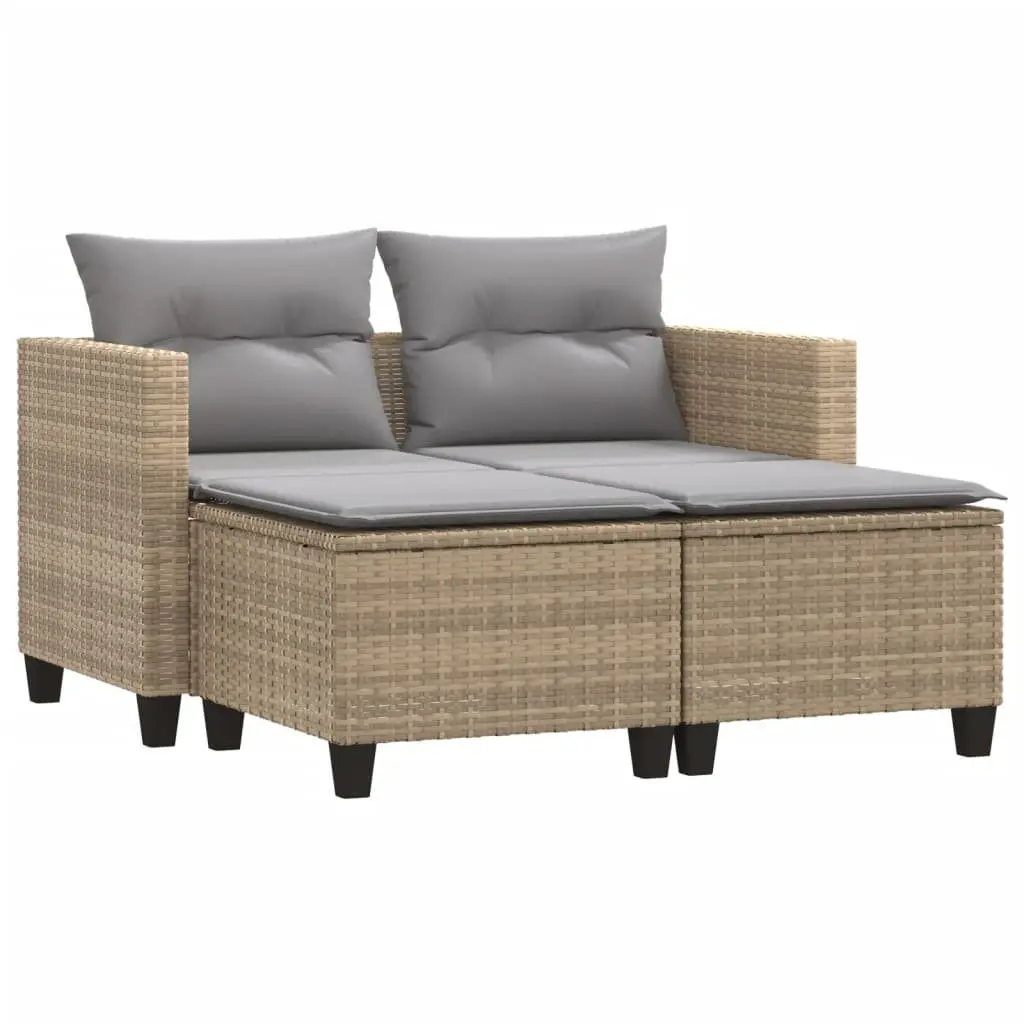 Garden Sofa 2-Seater with Stools Beige Poly Rattan Outdoor