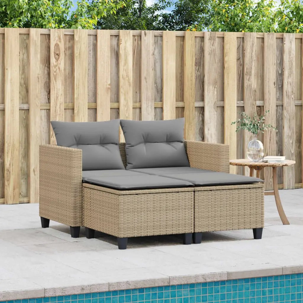 Garden Sofa 2-Seater with Stools Beige Poly Rattan Outdoor