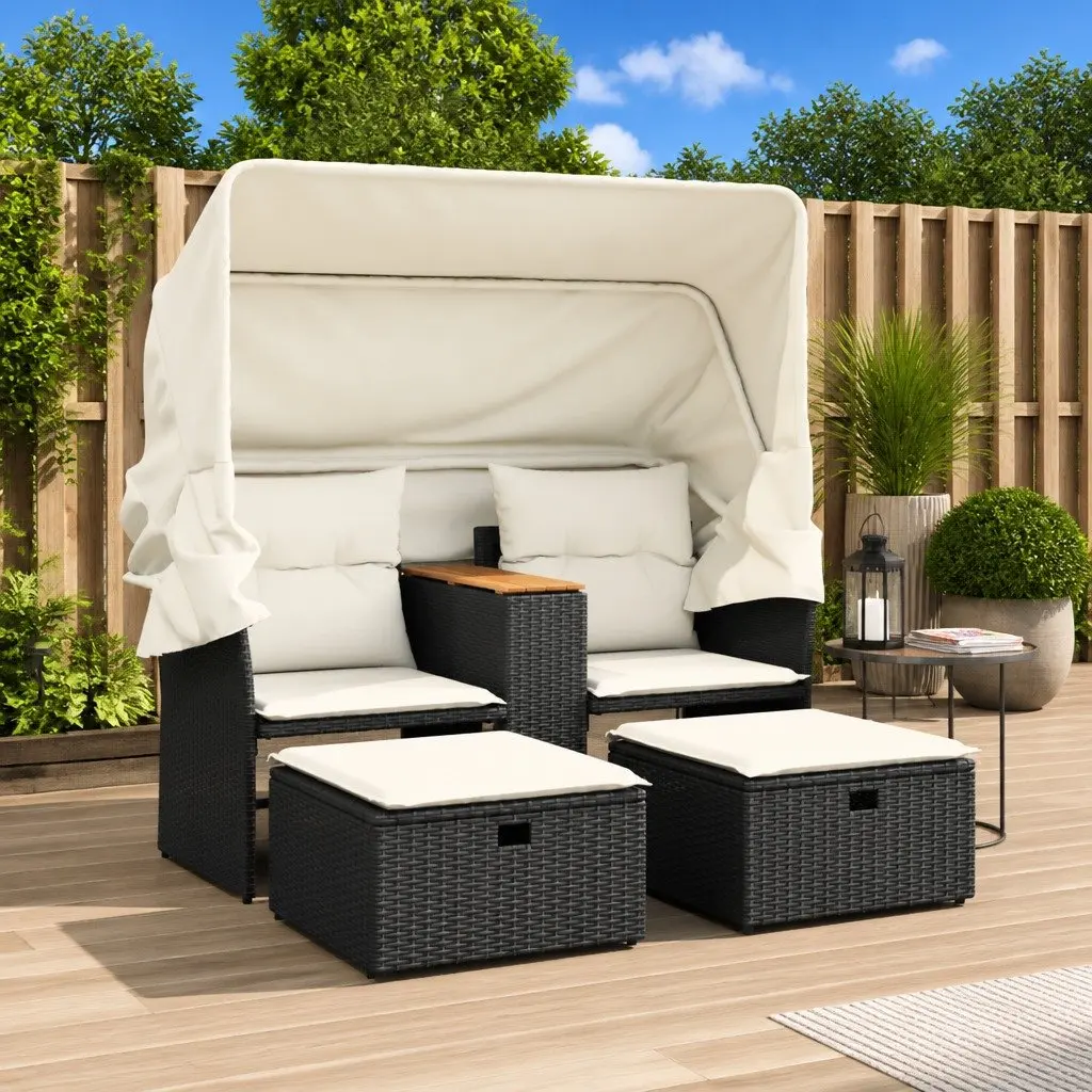 Outdoor Patio Furniture Black Poly Rattan 2-Seater Sofa with Retractable Canopy and Storage Stools
