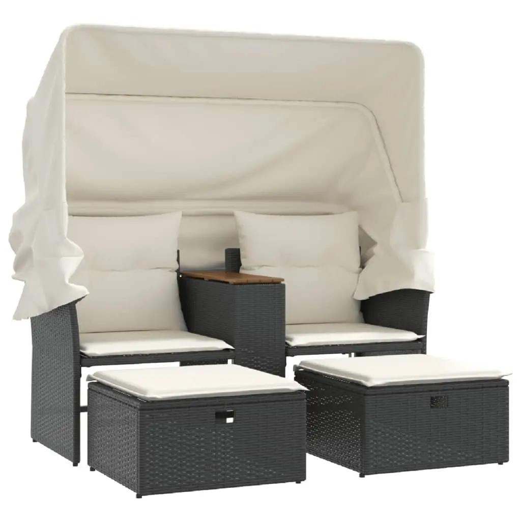 Outdoor Patio Furniture Black Poly Rattan 2-Seater Sofa with Retractable Canopy and Storage Stools
