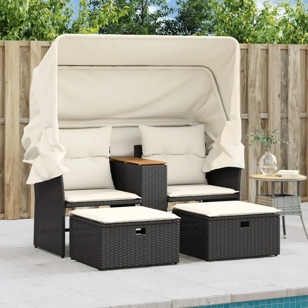 Outdoor Patio Furniture Black Poly Rattan 2-Seater Sofa with Retractable Canopy and Storage Stools