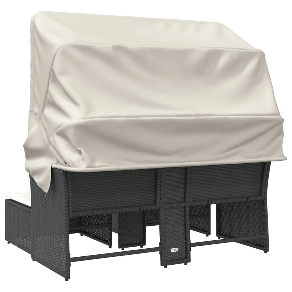Outdoor Patio Furniture Black Poly Rattan 2-Seater Sofa with Retractable Canopy and Storage Stools