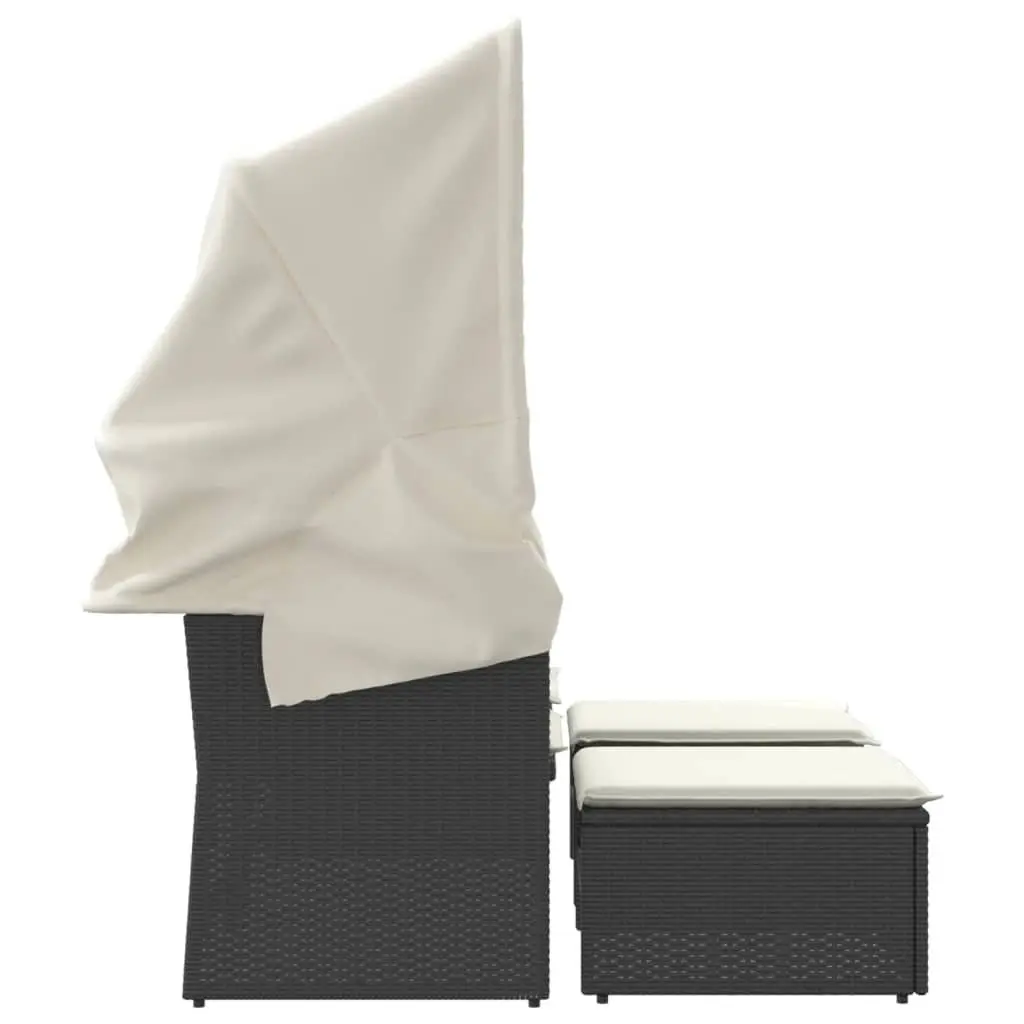 Outdoor Patio Furniture Black Poly Rattan 2-Seater Sofa with Retractable Canopy and Storage Stools