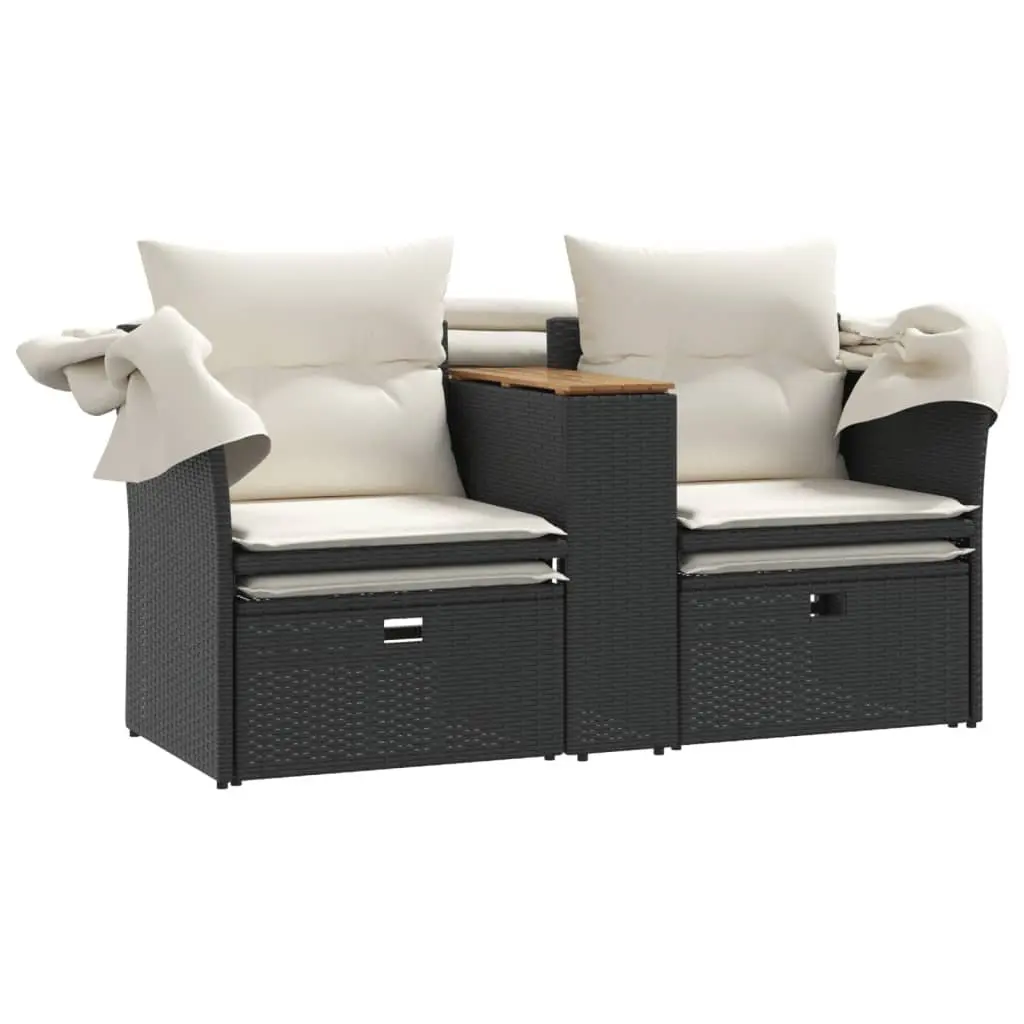 Outdoor Patio Furniture Black Poly Rattan 2-Seater Sofa with Retractable Canopy and Storage Stools
