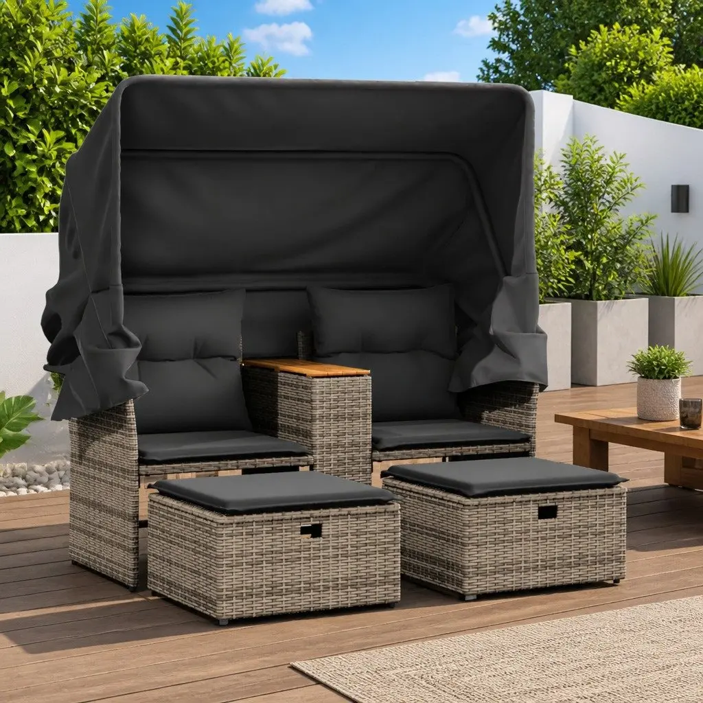 Garden Sofa 2-Seater with Retractable Canopy Grey Outdoor Furniture