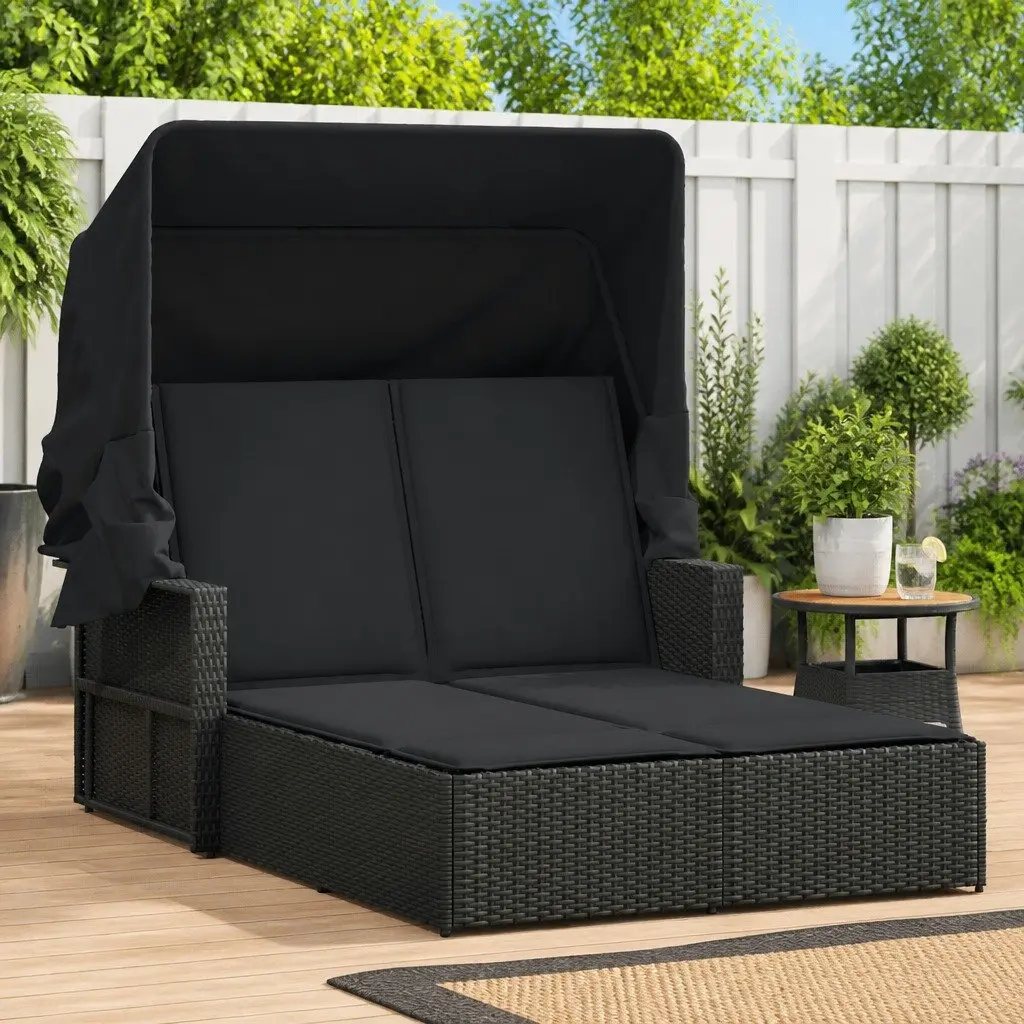 Double Sun Lounger Retractable Canopy Adjustable Backrest Outdoor Seating