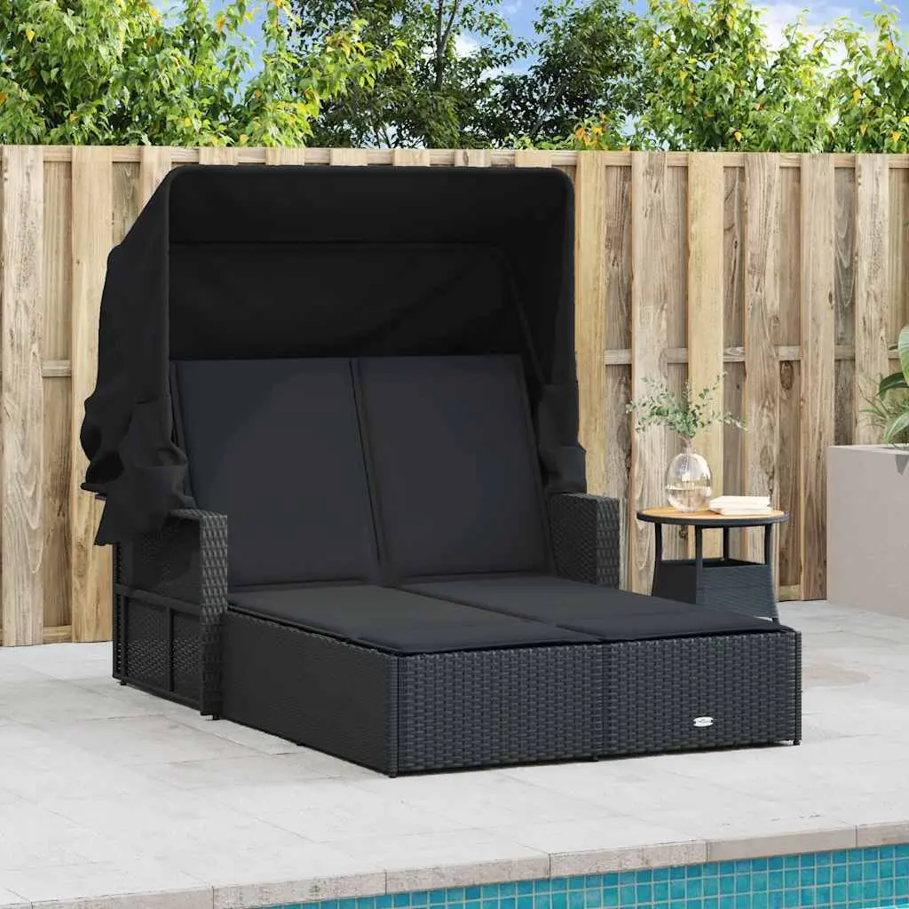 Double Sun Lounger Retractable Canopy Adjustable Backrest Outdoor Seating