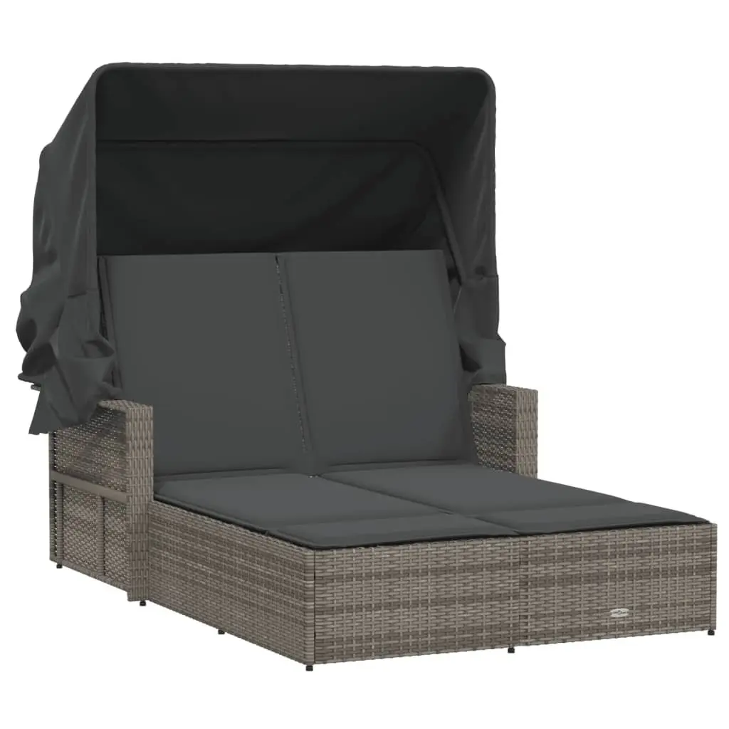 Double Sun Lounger with Retractable Canopy Adjustable Backrest Grey