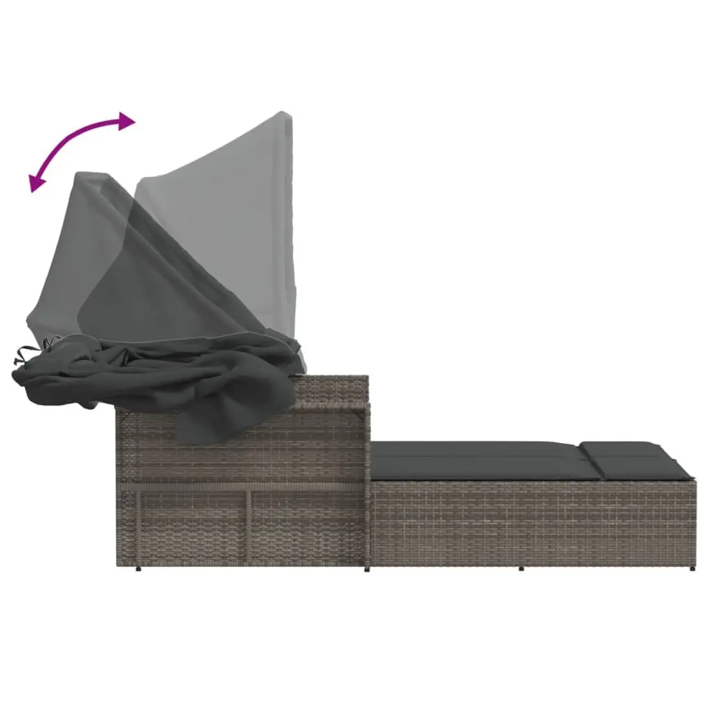 Double Sun Lounger with Retractable Canopy Adjustable Backrest Grey