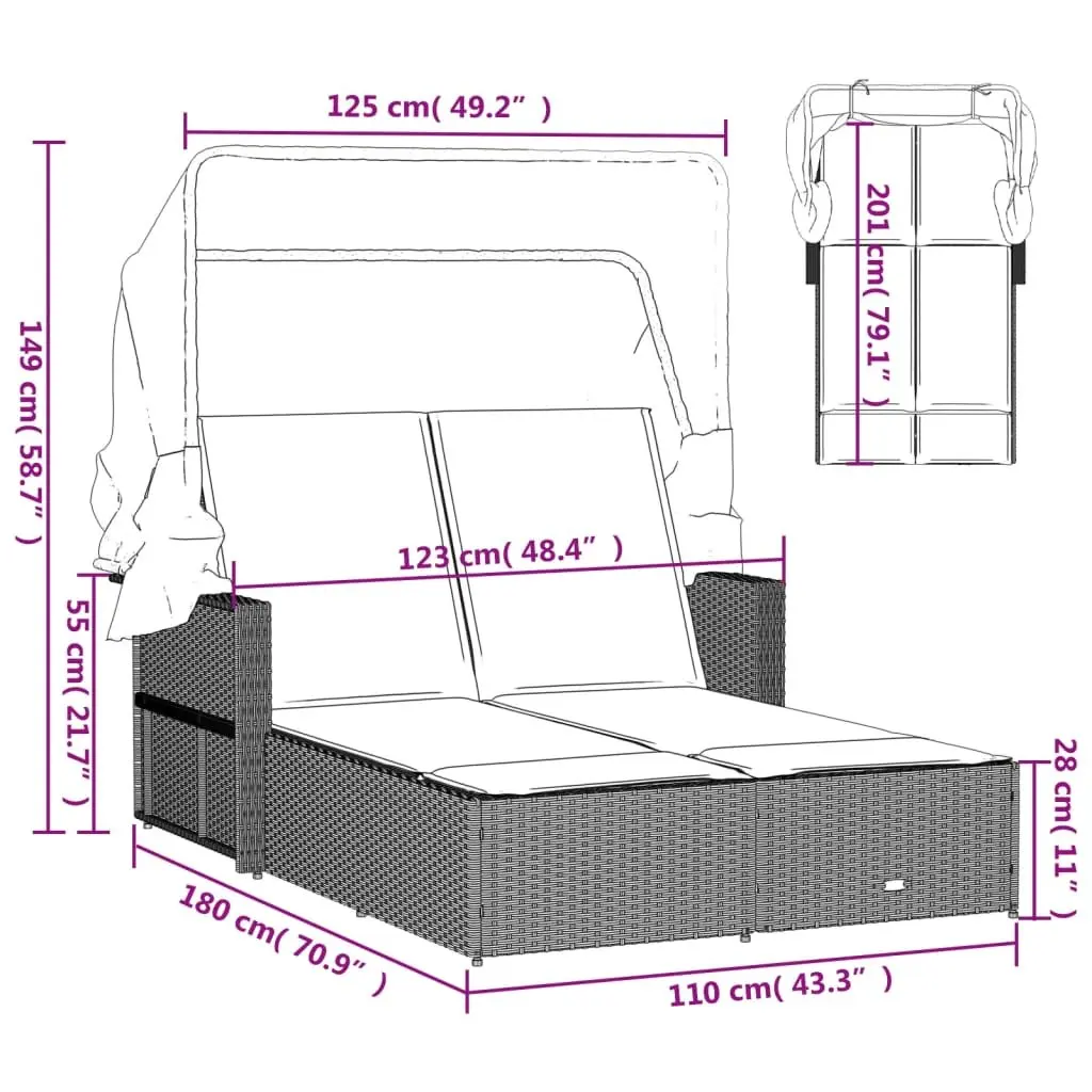 Double Sun Lounger with Retractable Canopy Adjustable Backrest Grey