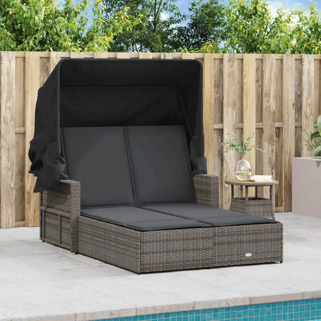Double Sun Lounger with Retractable Canopy Adjustable Backrest Grey