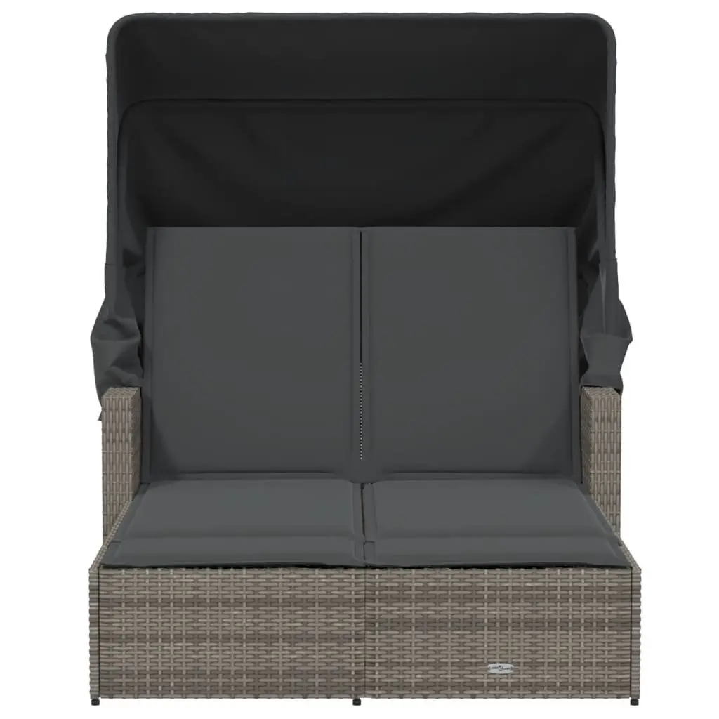 Double Sun Lounger with Retractable Canopy Adjustable Backrest Grey