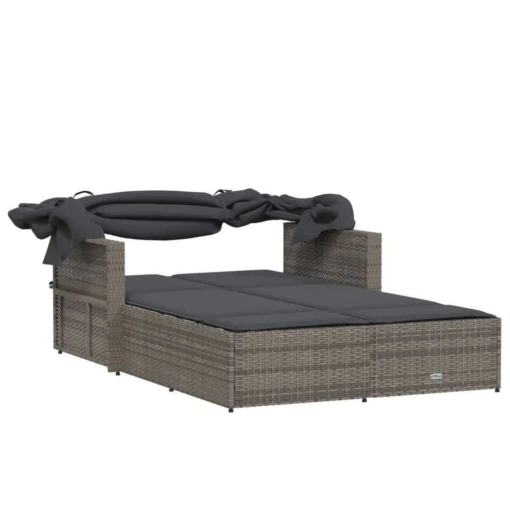Double Sun Lounger with Retractable Canopy Adjustable Backrest Grey