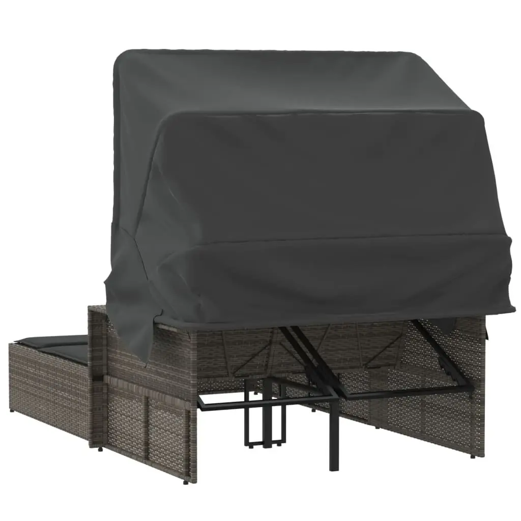 Double Sun Lounger with Retractable Canopy Adjustable Backrest Grey
