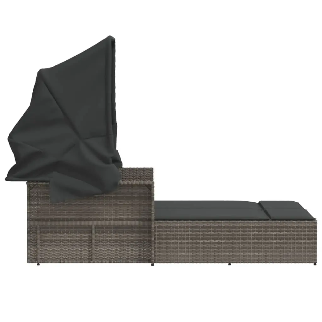Double Sun Lounger with Retractable Canopy Adjustable Backrest Grey