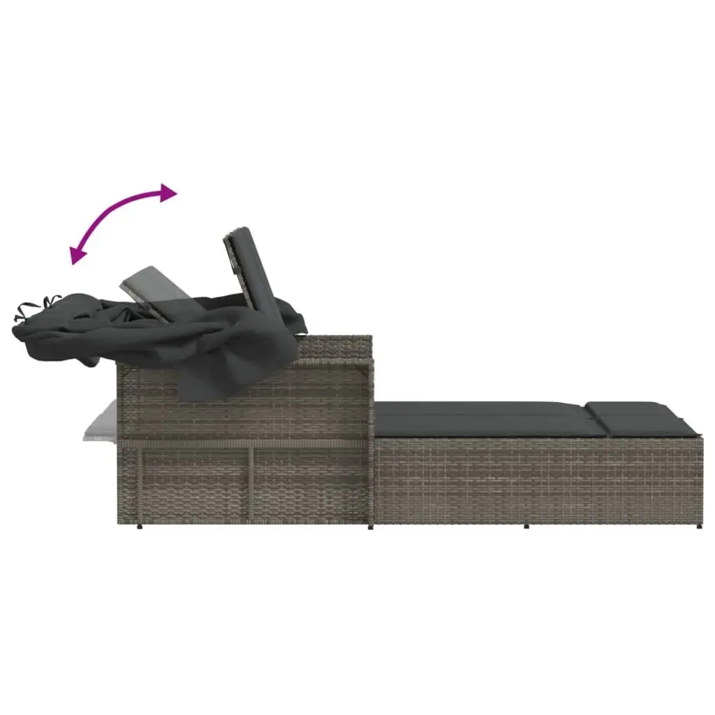 Double Sun Lounger with Retractable Canopy Adjustable Backrest Grey