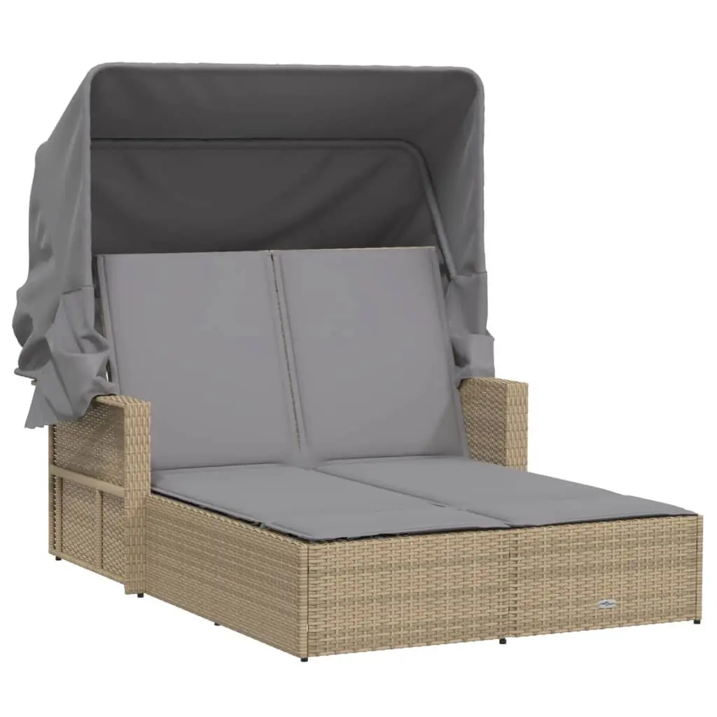Double Sun Lounger Outdoor Furniture Canopy Cushions Beige Poly Rattan Patio