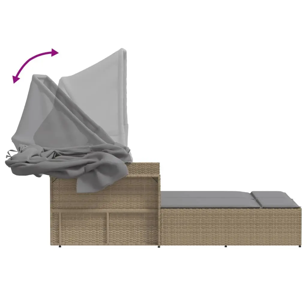Double Sun Lounger Outdoor Furniture Canopy Cushions Beige Poly Rattan Patio