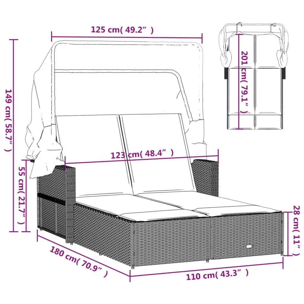 Double Sun Lounger Outdoor Furniture Canopy Cushions Beige Poly Rattan Patio