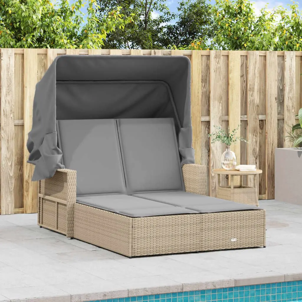 Double Sun Lounger Outdoor Furniture Canopy Cushions Beige Poly Rattan Patio