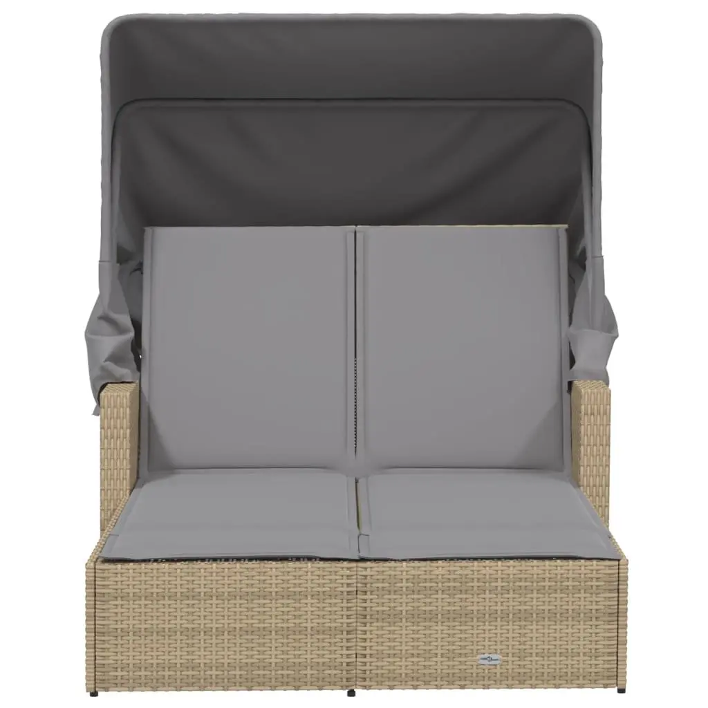 Double Sun Lounger Outdoor Furniture Canopy Cushions Beige Poly Rattan Patio