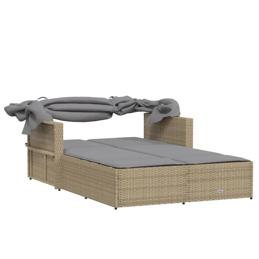 Double Sun Lounger Outdoor Furniture Canopy Cushions Beige Poly Rattan Patio