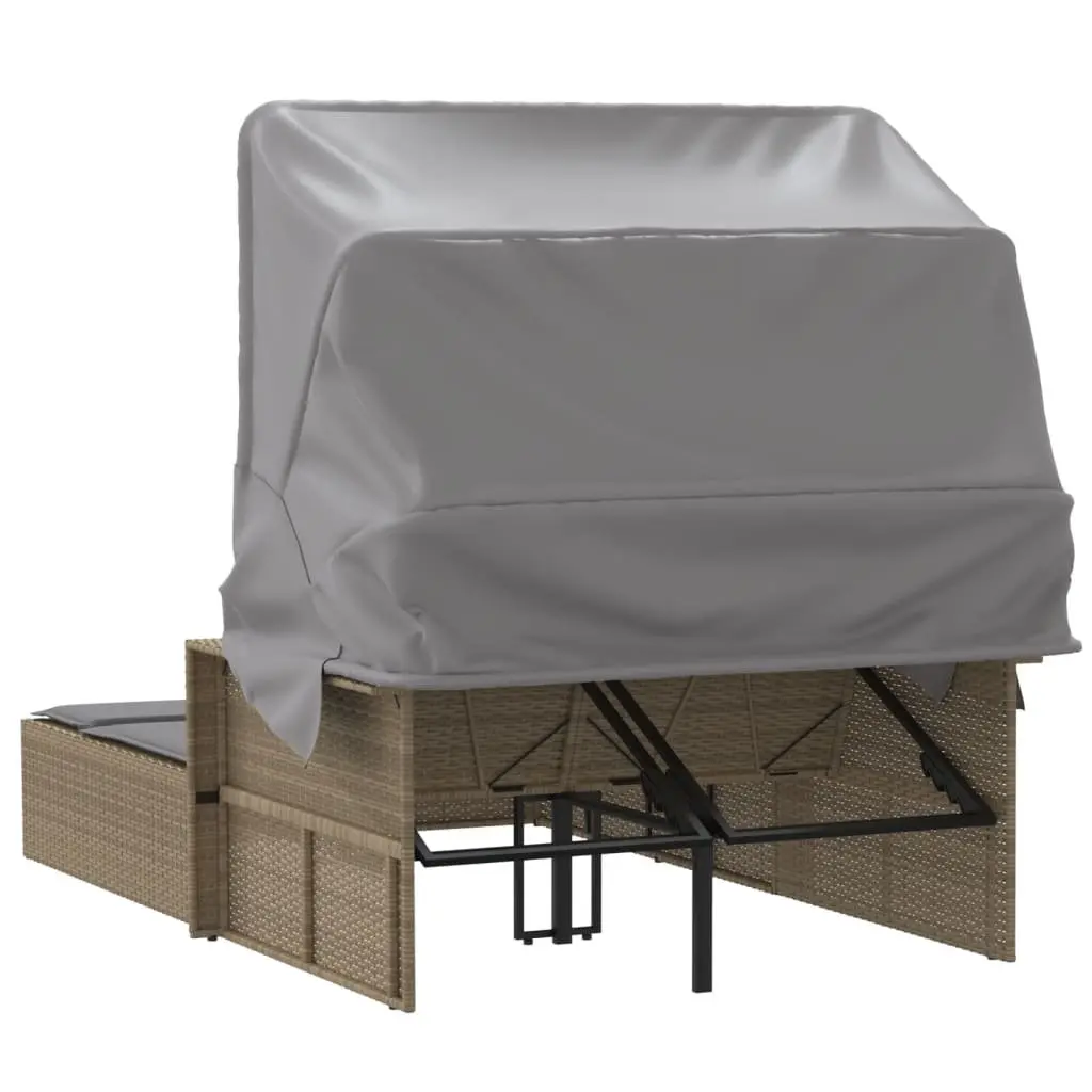 Double Sun Lounger Outdoor Furniture Canopy Cushions Beige Poly Rattan Patio