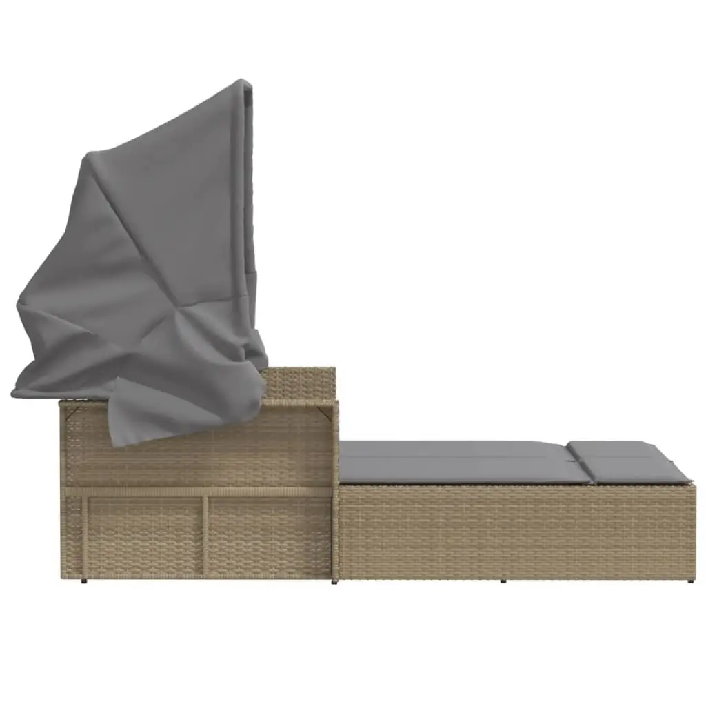 Double Sun Lounger Outdoor Furniture Canopy Cushions Beige Poly Rattan Patio