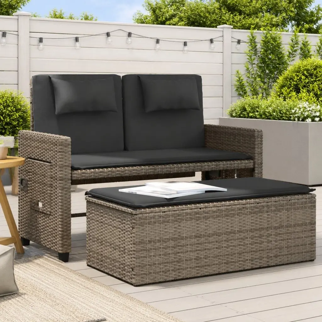 Reclining Garden Bench 2-in-1 Outdoor Loveseat Sofa Bed Grey Poly Rattan