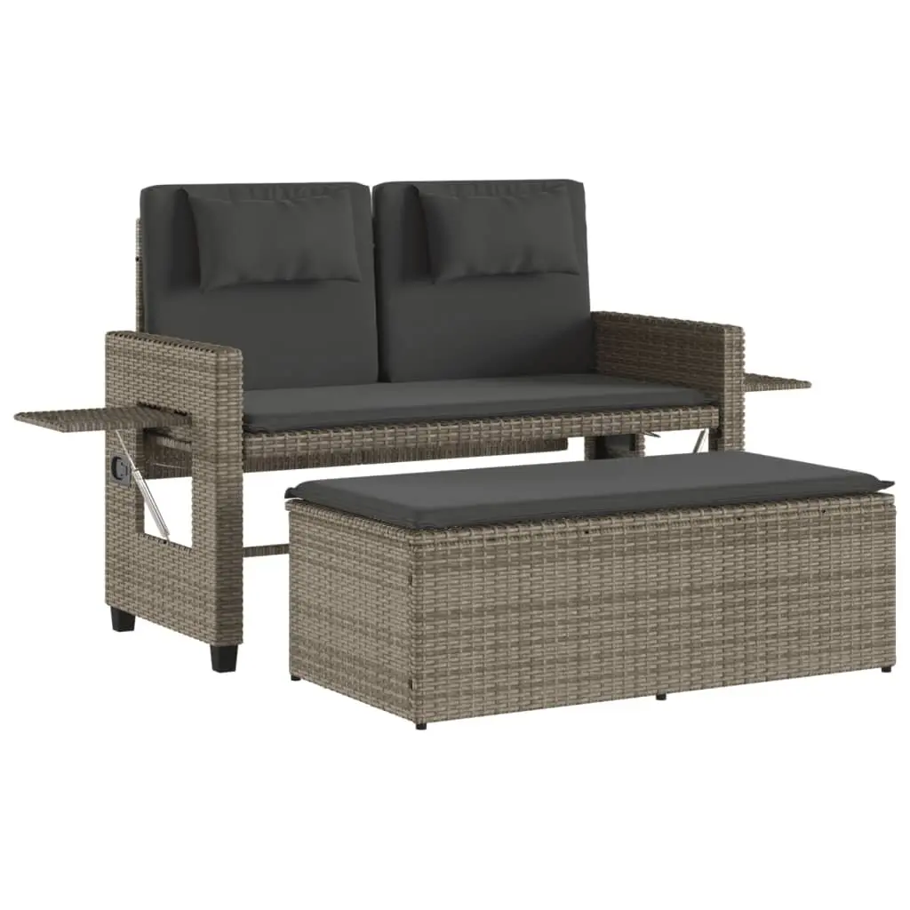Reclining Garden Bench 2-in-1 Outdoor Loveseat Sofa Bed Grey Poly Rattan