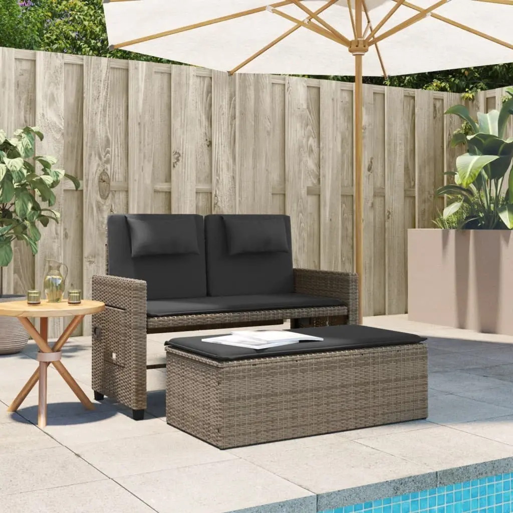Reclining Garden Bench 2-in-1 Outdoor Loveseat Sofa Bed Grey Poly Rattan