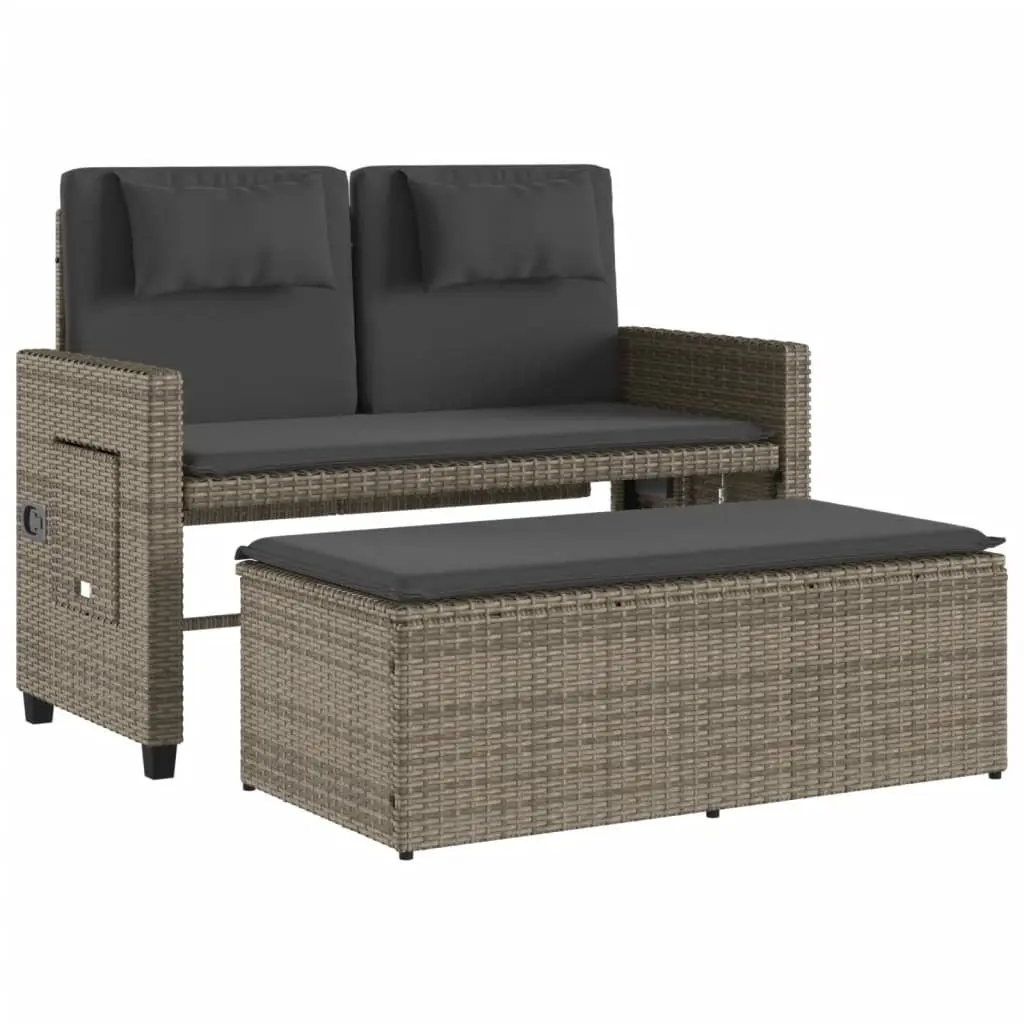 Reclining Garden Bench 2-in-1 Outdoor Loveseat Sofa Bed Grey Poly Rattan