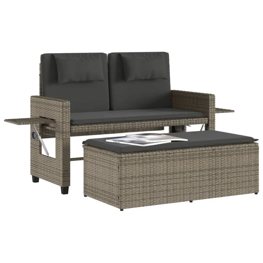 Reclining Garden Bench 2-in-1 Outdoor Loveseat Sofa Bed Grey Poly Rattan