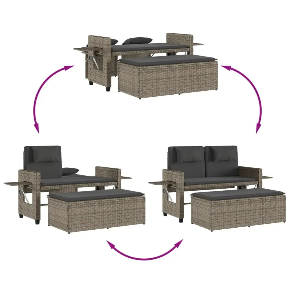 Reclining Garden Bench 2-in-1 Outdoor Loveseat Sofa Bed Grey Poly Rattan