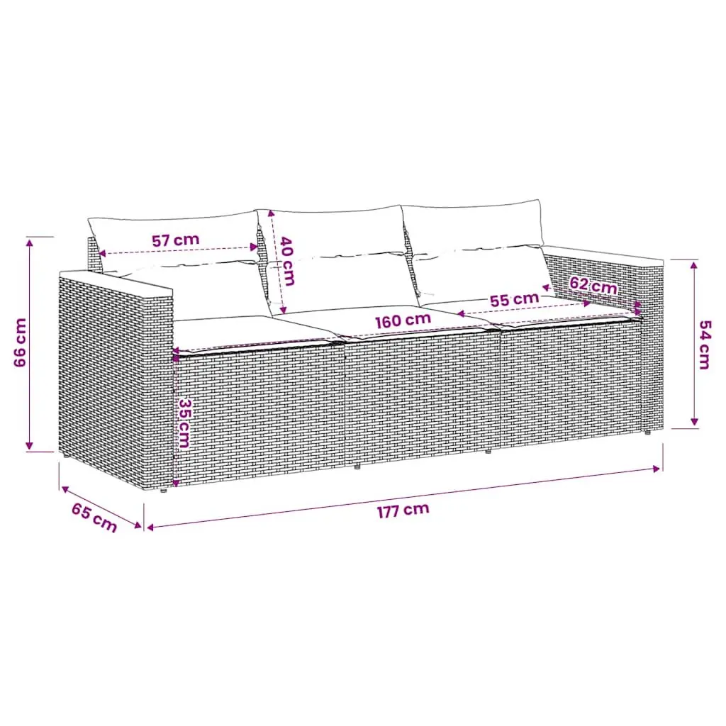 3-Seater Garden Sofa Outdoor Lounge Grey Poly Rattan with Cushions Patio